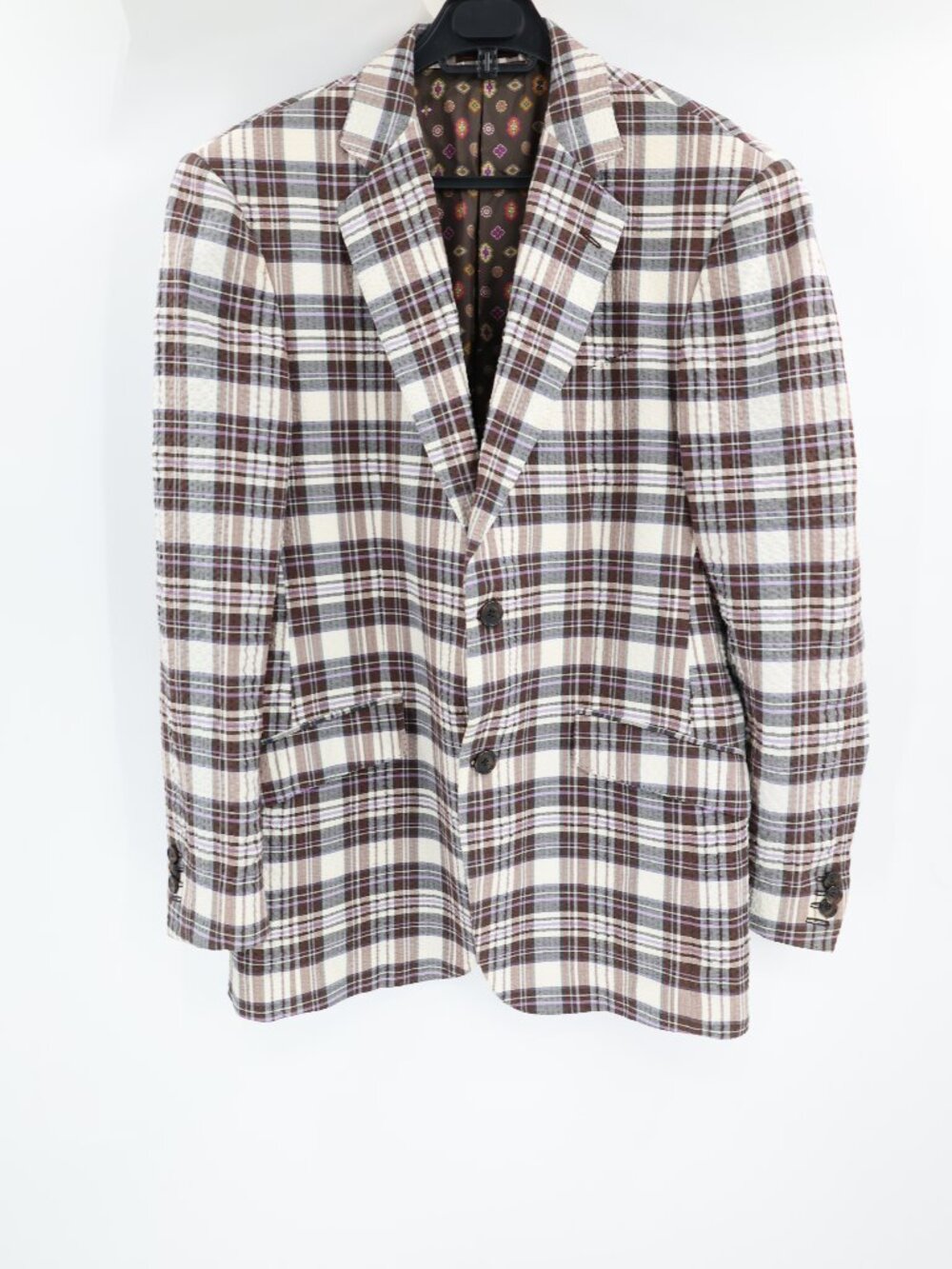 Etro Sport Coat Mens 40R Seersucker Plaid Cotton Blend Blazer Made In Italy